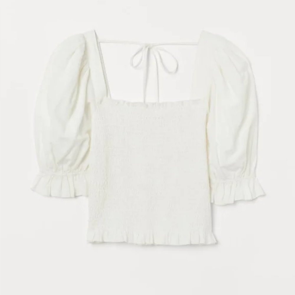 White Puff-sleeved Smocked Blouse